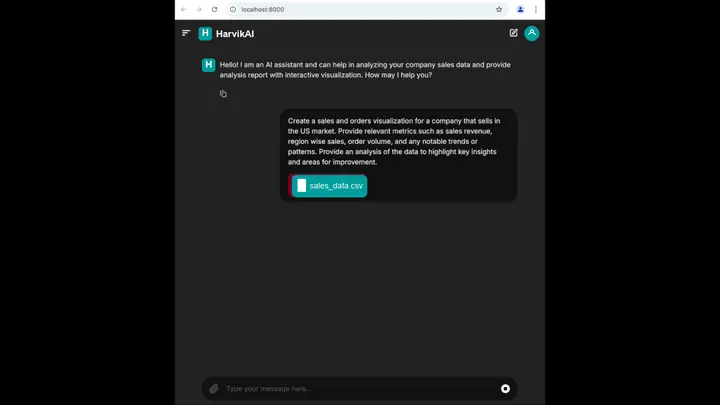 HarvikAI sales analytics assistant receiving a dataset and natural-language analysis request