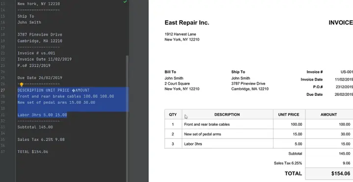 Extracted invoice text shown beside the source document