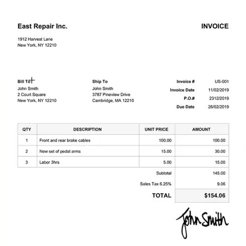 Sample source invoice containing header and line-item information
