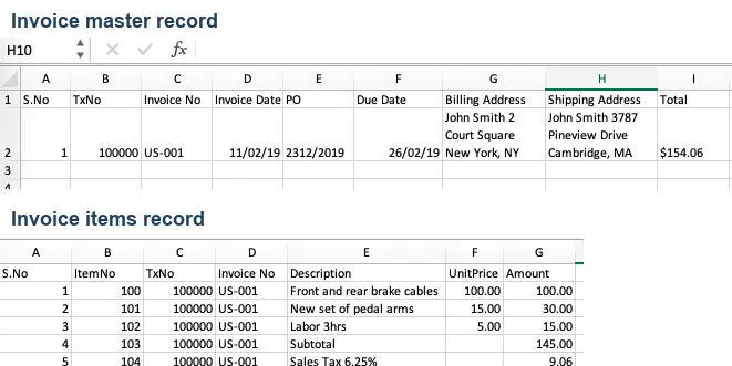 Structured invoice master and invoice item records