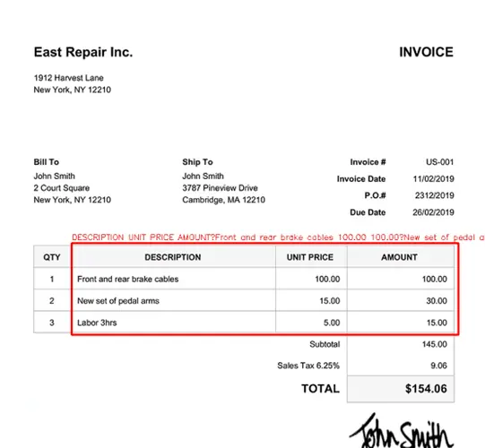 Invoice line-item table detected and extracted by IntelliDoc