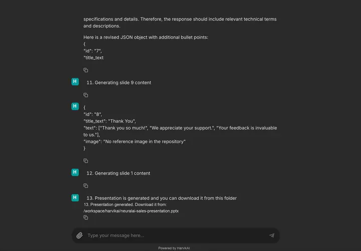 HarvikAI assistant confirming that the NeuralAI laptop PowerPoint presentation is complete