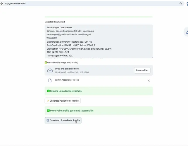 ProfileBuilder confirming generation and offering the PowerPoint file for download