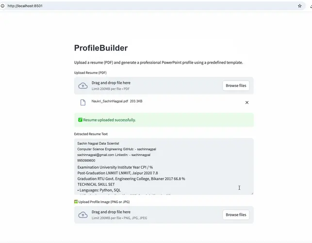 ProfileBuilder displaying successfully extracted resume text