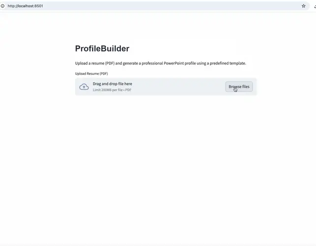 ProfileBuilder application showing the resume upload control