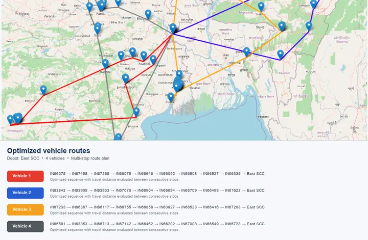 SmartRoute map showing four optimized vehicle routes and IN-prefixed destination sequences