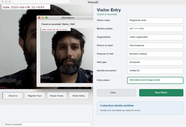 VisionID recording visitor check-in and saving a face image