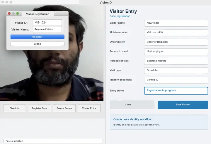 VisionID registering a visitor identity and visit details